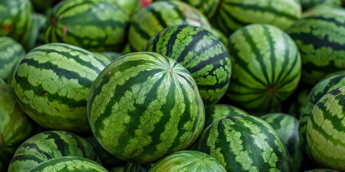 Stock photo of a pile of green and striped watermelons, photographed in the real photography style, with bright colors, high definition closeup shots, high resolution, and high detail with clear focus. The background shows a market scene. The stacked watermelons are full, with each watermelon having a round shape with long stripes and a green color tone, where the watermelon texture is clearly visible in the full body photo, --ar 3:2 --style raw --stylize 50
